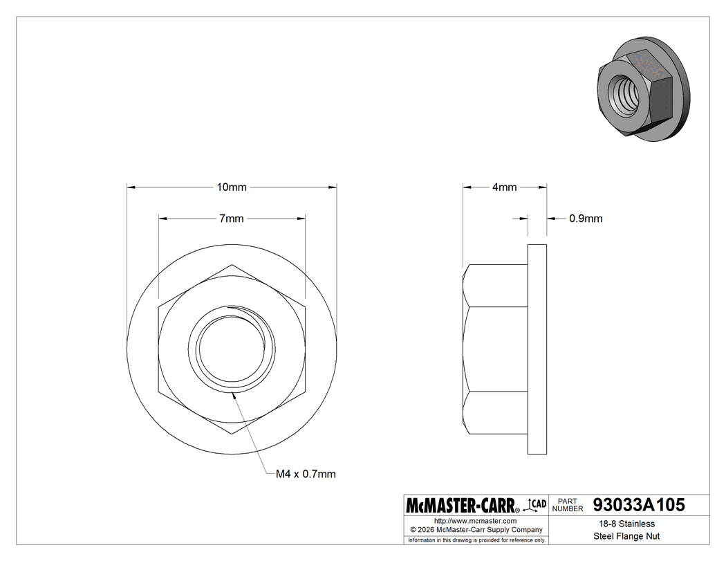 Technical Drawing of 18-8 Stainless Steel Flange Nut, M4 x 0.7 mm Thread Size.